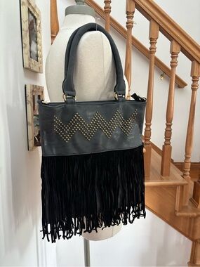 Heritage West Black Fringe Leather Studded Shoulder Bag with Crossbody Straps